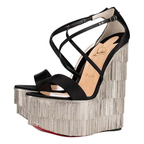 Christian Louboutin Foxtrottissima 160 Black Chain Wedge Sandal Heel Pump 37 - Picture 1 of 12